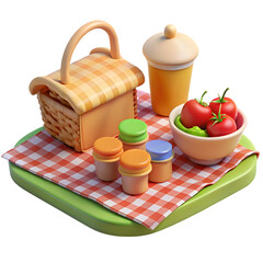 A 3d rendered picnic scene with basket food and checkered tablecloth isolated on transparent background