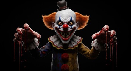 Menacing clown with blood-soaked hands, embodying the essence of horror and fear
