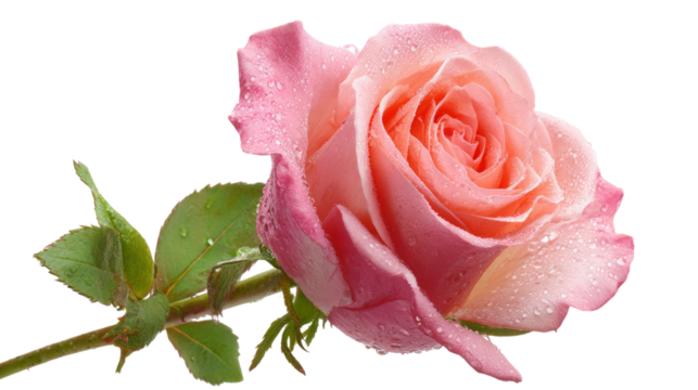 Elegant Pink Rose with Water Droplets Displaying Delicate Petals on Transparent Background