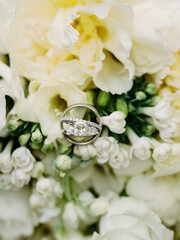 Exquisite wedding rings nestled among delicate white flowers during a spring ceremony celebration