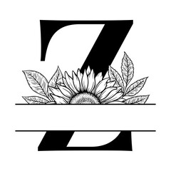 Sunflower split monogram design, alphabet letter Z decorated with floral illustration. Perfect for personalized gifts, farmhouse decor, wedding initials, laser cut file, family sign, and DIY crafts.