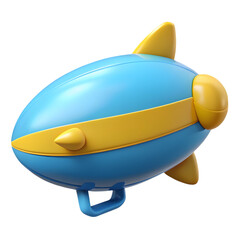 A blue and yellow cartoon airship floats in the air isolated on transparent background