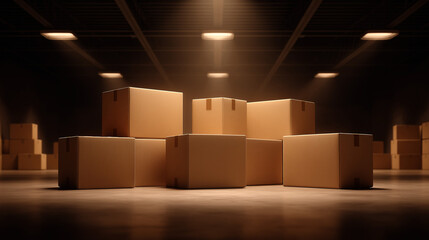Cinematic view of cardboard boxes in a dimly lit warehouse. Atmospheric shot for logistics, shipping, or e-commerce themes.