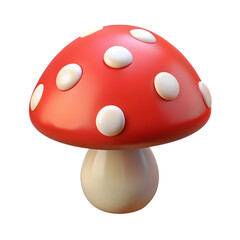 A red cartoon mushroom with white dots is isolated on transparent background