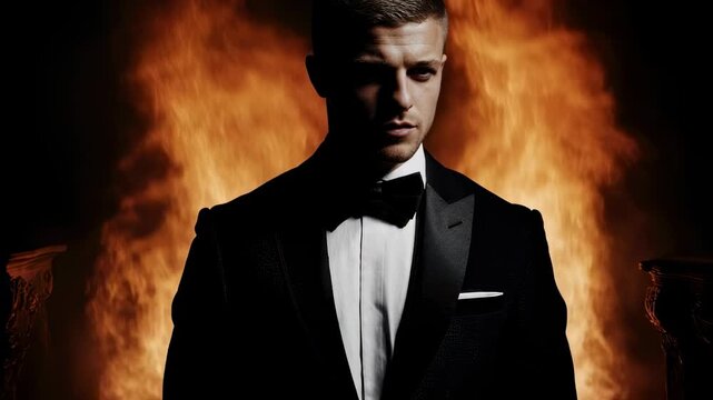 Elegant man in tuxedo standing against dramatic fiery background