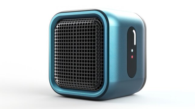 Small turquoise cube electronic device stands, isolated on white background - Powered by Adobe