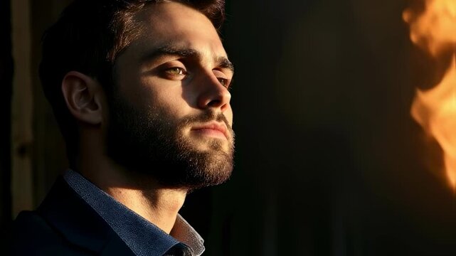 Contemplative young man gazing at flaming light in dramatic low light