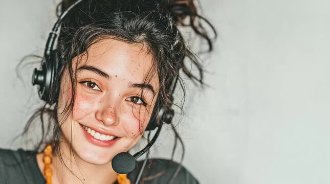 4K video of a female call center agent on a head set talking to a cilent in a modern call center