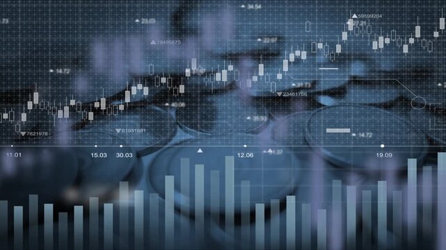 Background Financial Data Visualization with Rising Graphs and Analytics Interface. Finance Investment with Scattered Coins and Graph Chart Stock Exchange. - Powered by Adobe