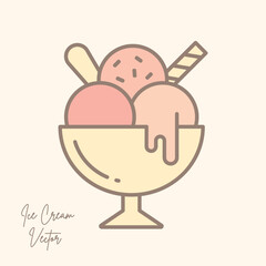 Cute pastel ice cream scoops in bowl. Vector in soft pink colors. Kawaii dessert illustration with dripping sauce, wafer stick. Minimal flat style design, summer sweet treat, isolated vector.