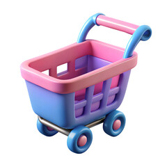 A pink and blue shopping cart toy model is isolated on transparent background