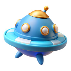 A cute blue cartoon ufo with a gold dome is isolated on transparent background