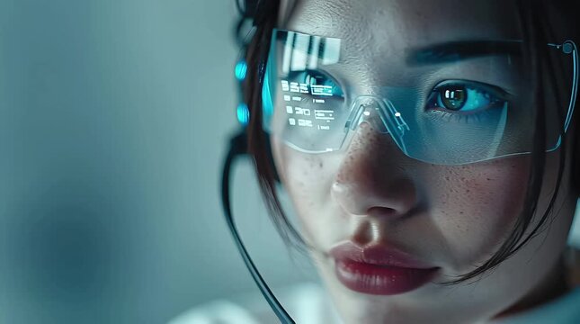 4K video of a female call center agent on a head set talking to a cilent in a modern call center
