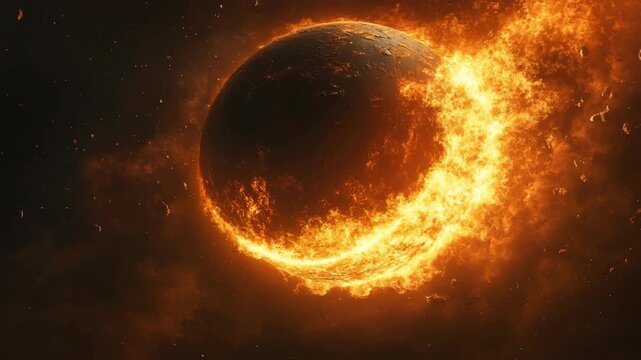 A cosmic event unveils a fiery planet, highlighting the destructive forces of celestial bodies, desolation evokes deep emotions about the universe, urging us to contemplate its vastness and mysteries