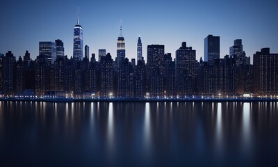 Fototapeta premium Majestic Manhattan: A Nighttime Skyline View of New York City Reflected on the Hudson