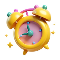 A cute yellow cartoon alarm clock is isolated on transparent background