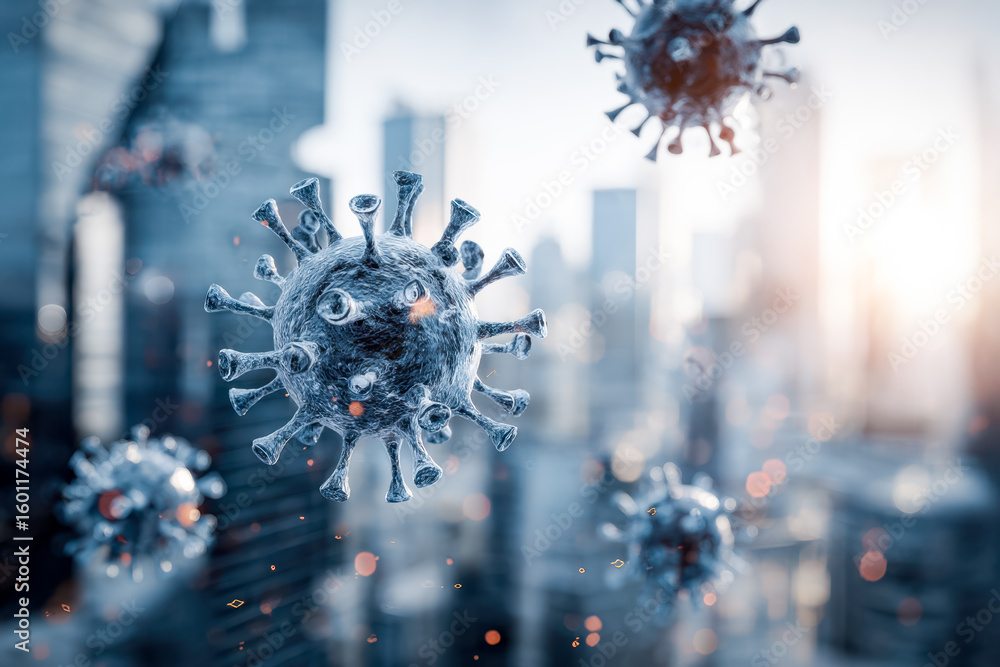Poster digital rendering of virus particles floating in an urban environment