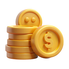 A stack of yellow 3d render coins with a dollar sign is isolated on transparent background