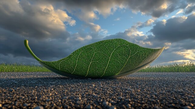 Leaf boat on road, sunset sky, nature, environmental concept, eco-friendly