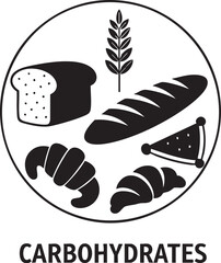 Circle icon featuring various baked goods like bread croissants and a slice of cake representing carbohydrates and healthy eating