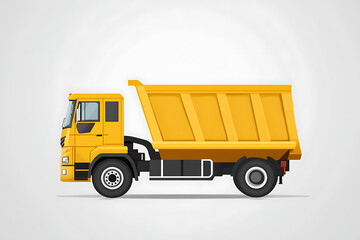 Fototapeta premium A bright yellow dump truck is shown in profile, isolated against a light gray background. Ideal for construction or transportation themes.
