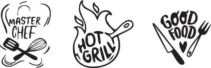 Hand drawn black and white illustrations of culinary icons including a chef hat hot grill and good food with cutlery