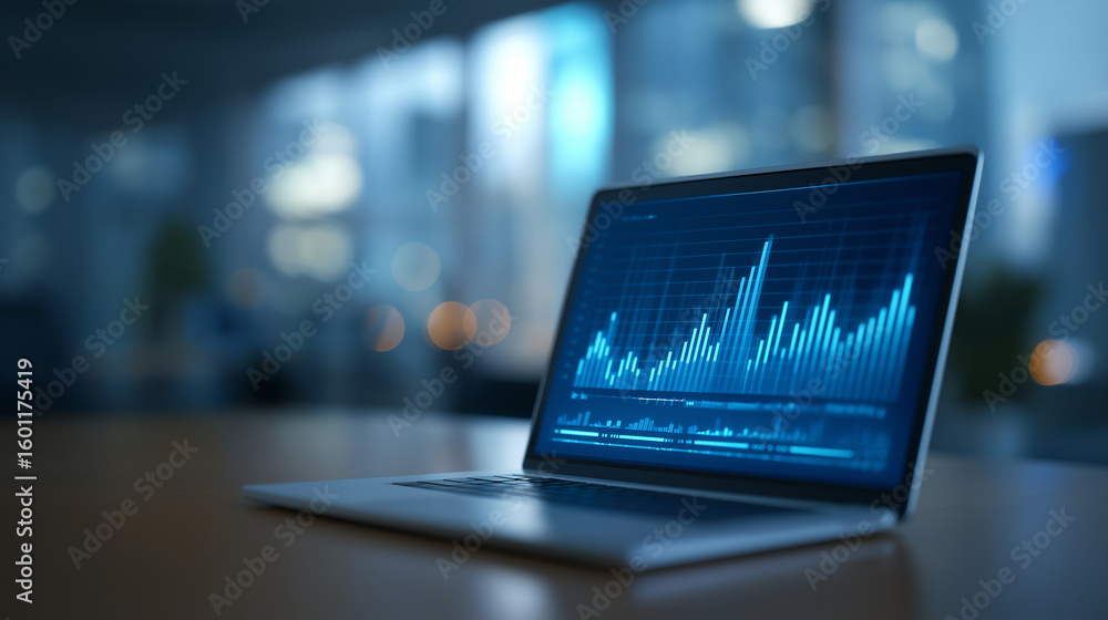 Poster futuristic office desk with holographic financial data display