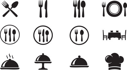 Collection of diverse restaurant and dining icons featuring cutlery place settings food service cloches and a chef hat