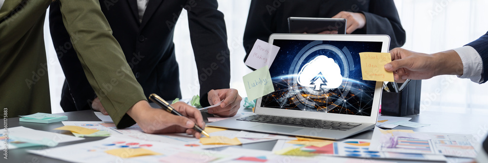 Poster analyst team use sticky note for creative and analytic brainstorm for business idea with bi data das