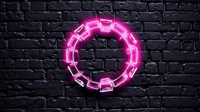 futuristic 4K animation glowing neon casino chip icon radiating bright pink light against textured brick wall looped video seamless video visual effects nightlife gambling digital signage