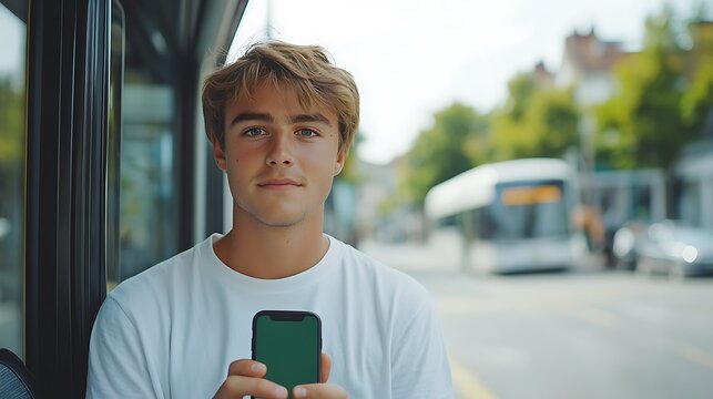 Young man holding a smartphone at a bus stop.