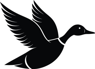 Fototapeta premium Vector art of a black silhouette of a duck is flying with its wings spread wide against a white background