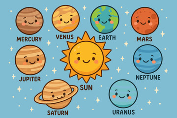 Labeled Solar System Vector Chart with Planets