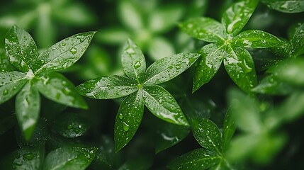 Close-up of vibrant green leaves covered in water droplets.