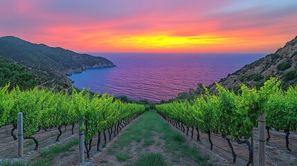 Vineyard overlooking the ocean at sunset.