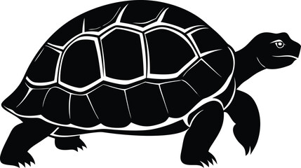 Vector art of a black silhouette of a turtle is walking slowly with its shell against a white background