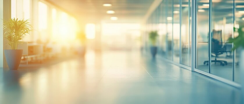 Blurred empty open space office. Abstract light bokeh at office interior background for design.