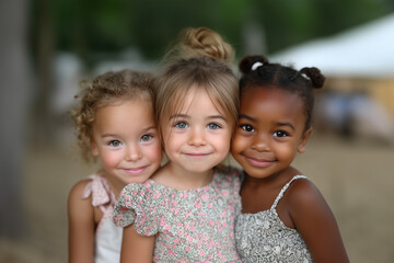 Three little girls embrace, posing outdoors with their arms around each other. A heartwarming portrait showing unity and friendship.. Childhood innocence, diverse friendship, happy memories.