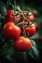 Cluster of Ripe Red Tomatoes Glistening in the Sunlight Amidst Rich Green Leaves, Capturing the Essence of Farm-Fresh Abundance in a Home Garden