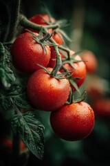 Vibrant Clusters of Ripe Red Tomatoes Glisten With Dew, Nestled Among Lush Green Leaves in a Sunlit Garden, Embodying a Fresh Farm-To-Table Philosophy
