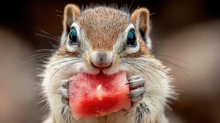 Chipmunk Joyfully Devouring a Juicy Piece of Watermelon on a Bright Sunny Day in the Garden, Surrounded by Vibrant Greenery and Cheerful Flowers