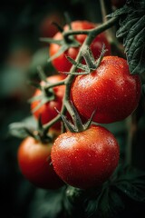 Clusters of Ripe Red Tomatoes Glistening With Moisture in a Lush Garden, Surrounded by Rich Green Leaves Under Bright Natural Light