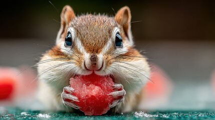 Delightful Chipmunk Enjoying a Juicy Watermelon Slice on a Sunny Afternoon in the Garden, Radiating Pure Joy and Curiosity