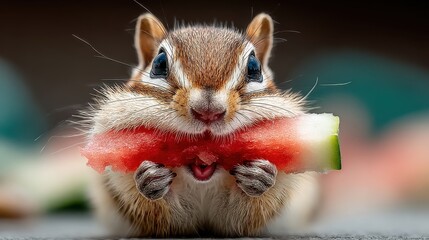 Delightful Chipmunk Enjoys a Refreshing Watermelon Slice in a Vibrant Outdoor Setting Under the Warm Sun