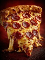 Slice of Pepperoni Cheese Pizza Melting Under Warm Ambient Light, Showcasing Golden Crust, Vivid Tomato Sauce, and Stretchy Mozzarella