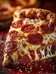 Tempting Slice of Pepperoni Cheese Pizza Melting With Warmth and Flavor Against a Vibrant Backdrop