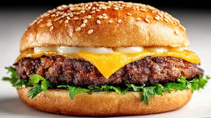 Delightful Small Burger Featuring a Cracked Fried Cheese Patty Atop a Juicy Beef Patty, Nestled in a Sesame Seed Bun Against a Clean Background