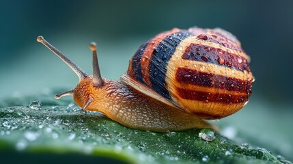 Snail of the Species Helix Aspersa Maxima Gliding Gracefully Across a Vibrant Green Leaf, Showcasing Intricate Patterns of Its Light Brown Shell With Dark Spiral Stripes