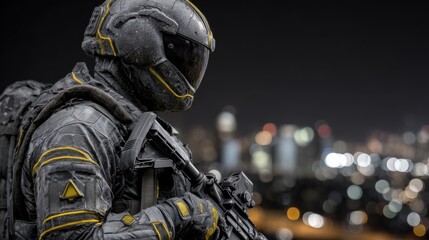 Soldier in Futuristic Armor With Yellow Accents Prepares for Battle at Night in Front of the Capitol in a Near-Future Cityscape