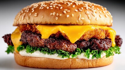 Savory Small Burger With Melted Cheese and Crispy Fried Cheese Patty on a Sesame Seed Bun